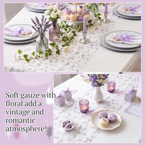 Lounsweer 3 Pcs Purple Flower Table Runner 10ft Embroidery Tulle Lace - Image 3