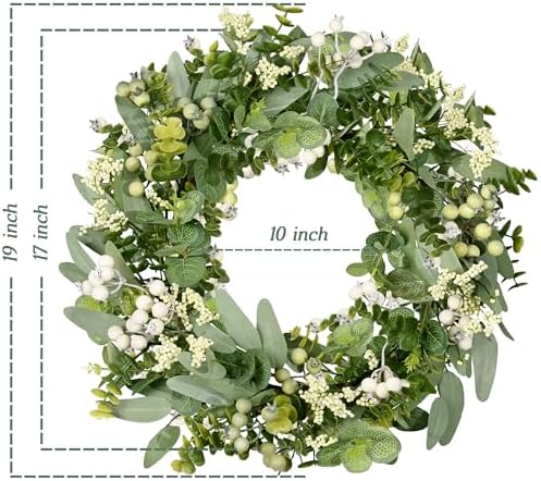 Vlorart Artificial Spring Summer Christmas Greenery Wreaths for Front Door Green Eucalyptus Leaf Wreath Decor Boxwood with Big Berries for Farmhouse Outside Year Round - Image 2