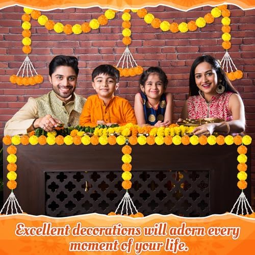 Giegxin 3 Pcs Marigold Garland for Diwali Decoration 4.92 feet Long Strand Artificial Marigold Flowers for Diwali Pooja Indian Home Wedding Dia De Los Muertos Day of The Dead (Orange Yellow) - Image 5
