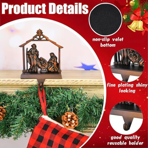 Christmas Stocking Holder Set of 3 Metal Nativity Stockings Hanger Hook Mantle or Fireplace Decor Vintage Decorations Nativity Christmas Stocking Fireplace Holders for Mantle(Nativity,3) - Image 4