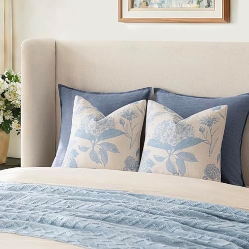Foindtower Set of 2 Linen Floral Vintage Throw Pillow Covers Neutral Accent Decorative Cozy Cushion Covers Farmhouse Boho Home Decor for Sofa Chair Couch Bedroom Living Room,24×24 Inch,Sky Blue - Image 7