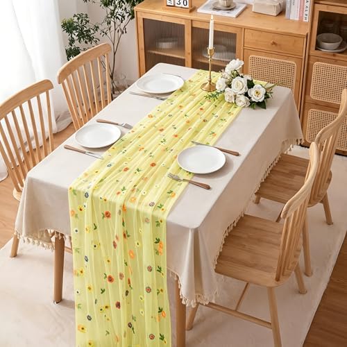 BINBE 6pcs Daisy Spring Table Runner Embroidery Gauze 10FT Florals Seasonal Tulle Holiday Birthday Kitchen Dining Table Decor for Home Party Yellow - Image 4