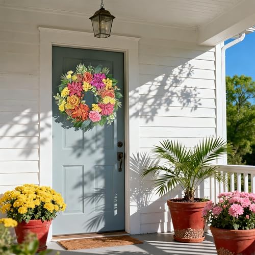 24 Inch Spring Summer Wreath for Front Door with Roses Dahlias Silk Flowers with Berry Greenery for All Seasons Indoor Outdoor Porch Wedding Wall Farmhouse Living Room Home Decor - Image 2