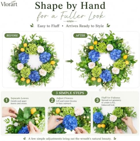 Vlorart 24In Outdoor Wreaths for Front Door Artificial Hydrangea Lemon Door Floral Summer Spring Wreath with Olive Leaves Mixed Flower UV Resistant for Farmhouse Window Wall Decor Outside All Season - Image 5