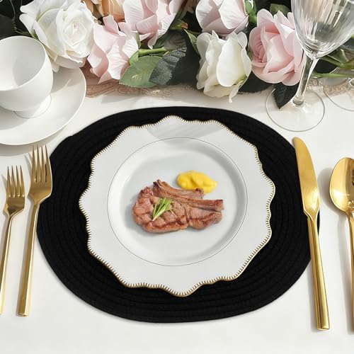 Oval Woven Placemats Set of 6, Boho Cotton Rope Braided Table Mats, 17x13 Inches Non Slip Heat Resistant Place Mats for Dining Room, Thick Hot Pads for Farmhouse Kitchen Table Decor. (Black) - Image 4