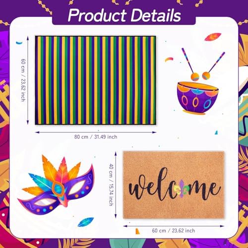 2 Pcs Mardi Gras Welcome Doormat, Welcome Mardi Gras Masks Mat, Carnival Fleur De Lis Non Slip Coir Mat Floor Striped Layering Doormats Seasonal for Front Porch Entryway Decor 24" x 32" - Image 3