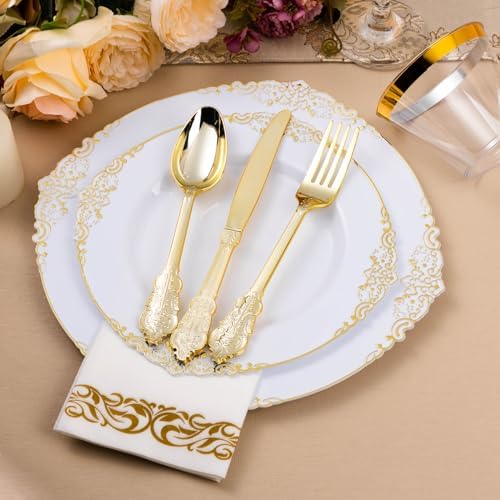 Bestluck 350PCS White and Gold Plastic Plates for 50 Guests, Disposable Dinnerware Set Includes 100 Disposable Plates, 150 Gold Silverware, 50 Cups, 50 Napkins for Party, Wedding - Image 4
