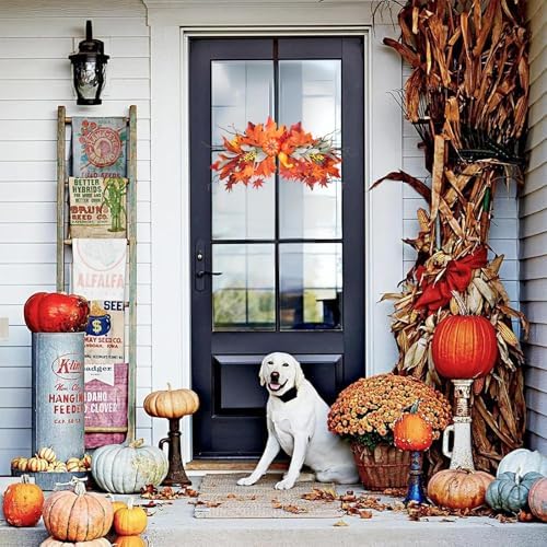 Fall Arch Swags 25.6" Prelit Fall Swag with Lights Harvest Red Leaves Pumpkins Berries Rich Autumn Elements Garland Wreath for Halloween Thanksgiving Farmhouse Harvest Arch Front Door Home Décor - Image 6