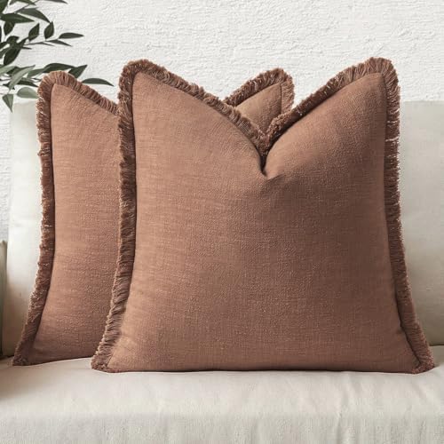 MIULEE Boho Linen Fringe Decorative Fall Throw Pillow Covers Brick 20x20 by MIULEE