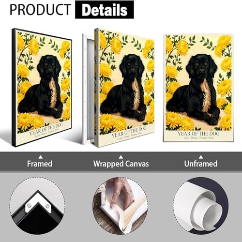 Chinese Lunar Year Of The Dog Wall Art - Black Dog & Yellow Chrysanthemum Canvas Print for Home Decor - Loyal Honest Prudent Kind Theme 16X24 in Black Framed - Image 2