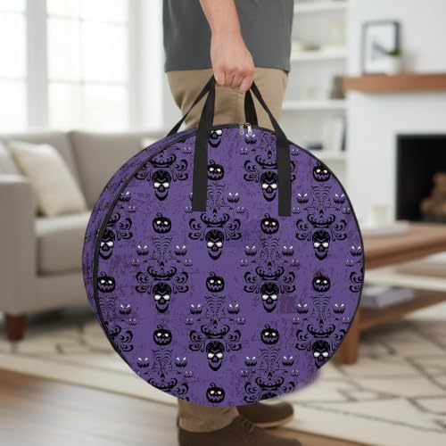 24 Inch Round Storage Bag 1 Pack,Happy Halloween Scary Pumpkin Skeleton Waterproof Wreath Storage Container with Handles&Zipper Purple Black Closet Organizer Bags Garland Box by Unknown