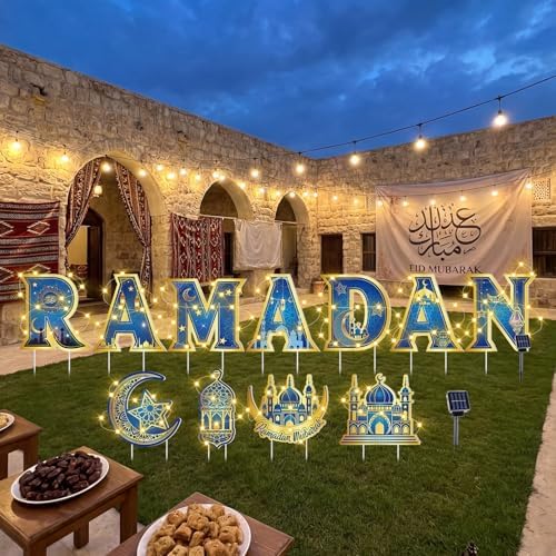 11 Pcs Ramadan Mubarak Yard Signs 7 Letters 4 Signs with Stakes and 2 Rolls String Lights Eid Mubarak Party Yard Sign Lawn Decorations Party Decorations for Home Front Door Garden Decor - Image 4