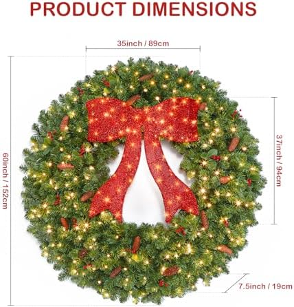 SHareconn 60Inch Large Artificial Prelit Christmas Wreath for Outdoor Decor - Image 2