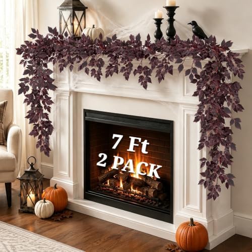 Fall Garland for Mantle, 2 Pack 7 Ft Plum Cimicifuga Seeded Leaf Garlands by MyCoats