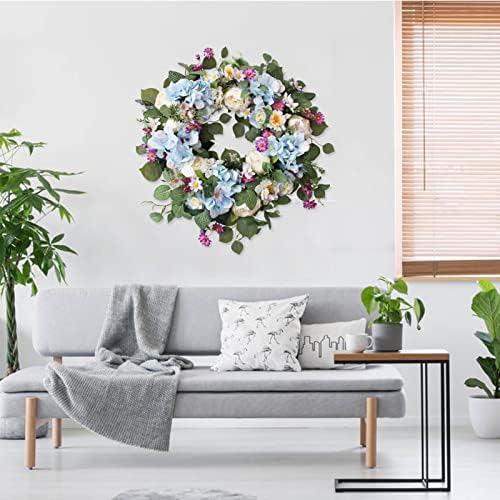 24" Spring Summer Wreaths for Front Door,Spring Summer Door Wreaths,Large Blue Hydrangea Wreaths for Outdoor Porch Farmhouse Home Decor - Image 5