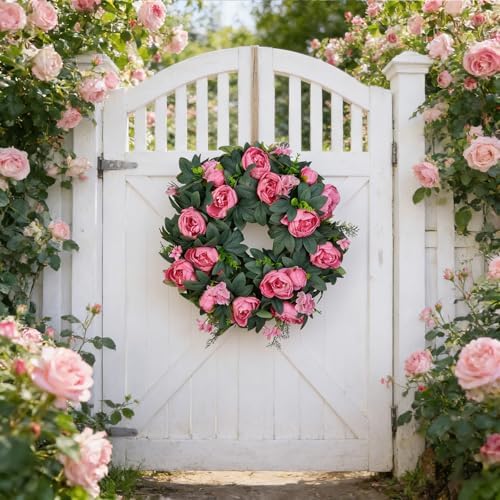 Spring Wreaths for Front Door 21 Inch – Valentine’s Day Pink Peony Artificial Wreath, Spring Summer Floral Wreath for Porch, Wall, Window Decor - Image 2