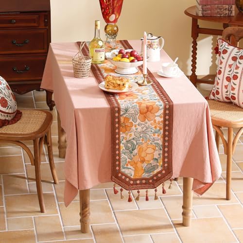bilin gaier Designer Vintage Orange Floral Small Table Runner,French Farmhouse Soft Linen Coffee Table Runners 63 Inches Long,Decor Tabletop for Kitchen,Dining,Party,Home,Christmas,12"x63" - Image 3