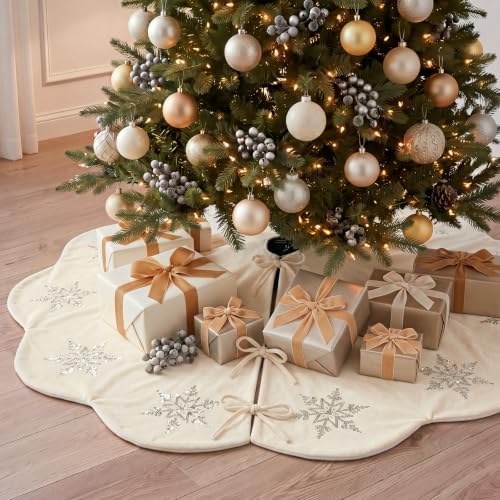 Hollowfly Creamy White Velvet Christmas Tree Skirt, Sequin Snowflake 48'' - Image 4