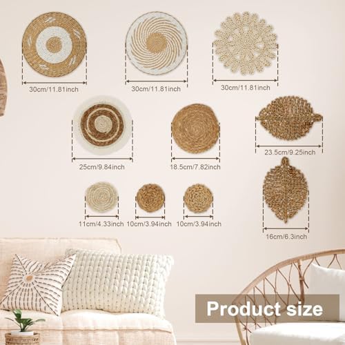 PoDhey 10 Pcs Boho Wall Basket Decor, Rattan Wicker Boho Wall Decor, Hanging Woven Basket Wall Decor, Round Handmade Wall Art for Living Room Bedroom Display Table Settings Home Christmas Decoration - Image 2