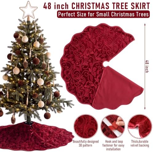 Velvet Christmas Tree Skirt Decor, 48 Inches, Scalloped Edge, Red - Image 2