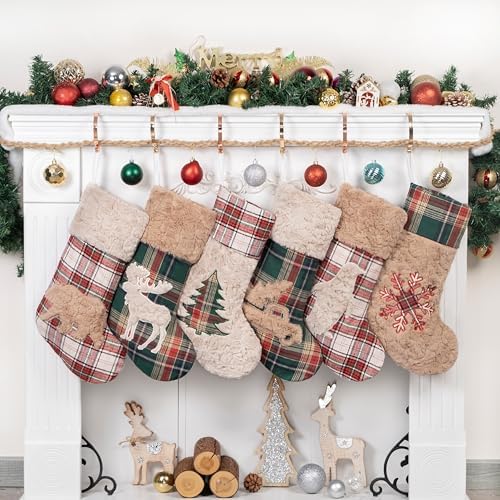 LUBOT New 6 Pack Christmas Stocking 20" Red Green Plush Plaid Mix and Match Classic Rustic Farmhouse Country Cotton Fireplace Hanging Xmas Stockings Decorations for Family Holiday Season Decor - Image 2