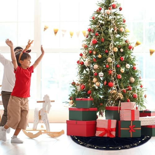 36inch Christmas Tree Skirt Navy Blue Luxury Velvet Plush Fur Skirts with Gold Embroidery Xmas Velvet Tree Skirt Holly Leaves Gold Embroidered Trees Skirts for Christmas Holiday Party Decorations - Image 5