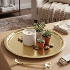 Hushee 15.7 Inch Gold Metal Decorative Tray with Feet Vintage Round Embossed Coffee Table Serving Tray for Candles Jewelry Living Room Entryway Dining Room - Image 6