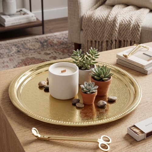 Hushee 15.7 Inch Gold Metal Decorative Tray with Feet Vintage Round Embossed Coffee Table Serving Tray for Candles Jewelry Living Room Entryway Dining Room - Image 6