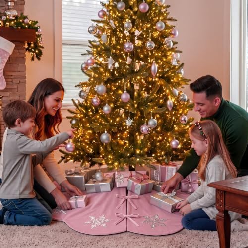 Hollowfly Dusty Pink Velvet Christmas Tree Skirt with Sequin Snowflake 48'' - Image 5