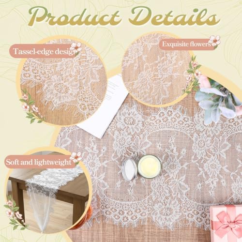 24 Pack White Lace Table Runners 14 x 120 Inch White Rustic Lace Fabric Table Runners with Rose Embroidered Floral Vintage Table-Runner for Party Wedding Bridal Shower Decorations - Image 3