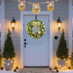 Hausse 21" Lighted Christmas Wreath with Metal Hanger, Pre-lit Xmas Folded Wreath with LED Lights, Golden Bow & Balls, Battery Operated & Timer for Front Door Gate Wall Holiday Party Decor - Image 2