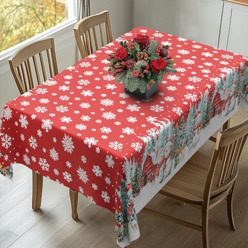 Rectangle Christmas Tablecloth 60x102 Inch, Farmhouse Red Snowman Snowflake Christmas Table Cloth, Polyester Waterproof Wrinkle Resistant Xmas Tables Cover for Holidays Kitchen Dinning Home Decor - Image 2