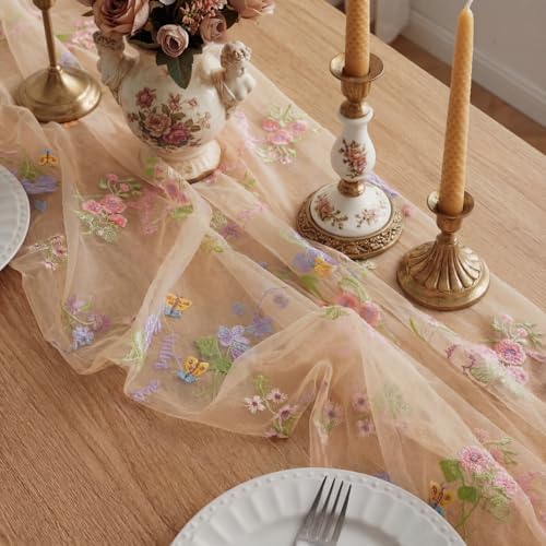 Champagne Floral Table Runner 10ft Embroidery Tulle Spring Wildflower Table Runner Seasonal Summer Butterfly Kitchen Dining Gauze Decoration for Wedding Baby Shower Birthday Party (3 Pcs) - Image 4