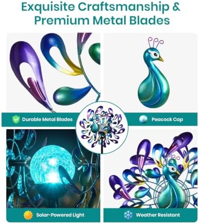 Peacock Wind Spinners Outdoor Kinetic Turquoise Green Garden Yard Art - Image 6