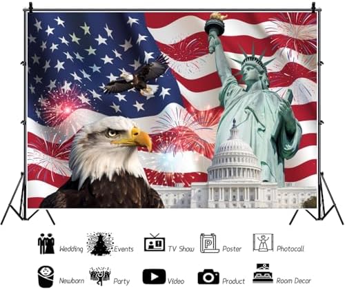 American Flags Backdrop 10x8ft Fabric 4th of July Backdrop for Independence Day Party Decoration Patriotic Backdrops Statue of Liberty Photos American Theme Party Memorial Day Backdrop - Image 2
