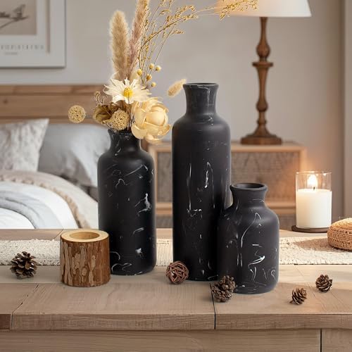 Resin 3 Piece Decorative Vase Set, Black Marble Look Farmhouse Home Decor - Image 2