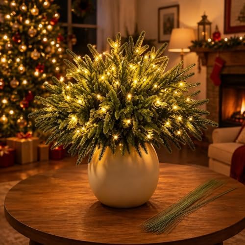 Twinkling Enchanted Evergreen Pine Tree with Lights, 5/10 Pack Lighted Artificial Pine Branches, Enchanted Evergreen Pine Decor for Christmas, Winter, Tabletop, Mantel and Vase，Pine*5 by Unknown