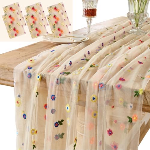 6PCS Champagne Floral Table Runner 10 FT, Embroidery Daisy Table Runners Seasonal Spring Summer Sheer Tulle Dining Table Decor for Home Party Birthday Decor 29x120 Inch ﻿ by Hugestar