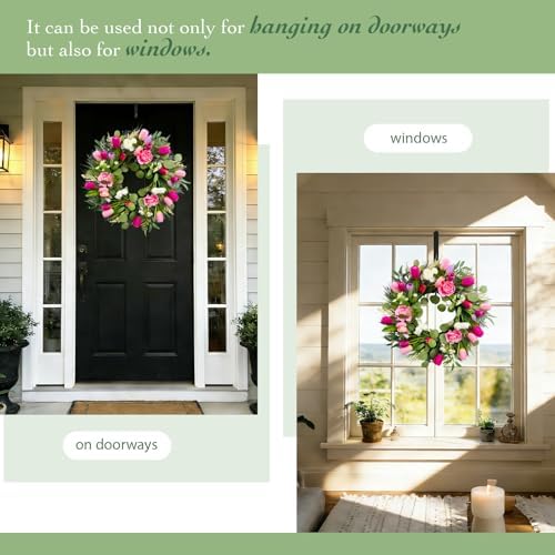 Solar Spring Wreath for Front Door 24inch 50LED Pre-lit Wreaths Spring Summer Decorations Tulips Wreath with Colorful Flowers for Outside Home Decor Festival Farmhouse Decor(2403) - Image 5