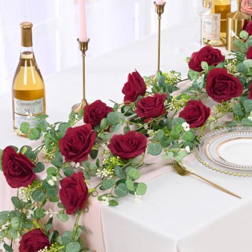 6Pcs 39Ft Artificial Eucalyptus Garlands with Flowers Roses - Image 2