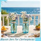 Coastal Glass Vases for Flowers,Boho Rope Mason Jars for Centerpiece,Nautical Beach Decorative Bottles for Home,Bedroom,Bathroom, Beach Wedding Floral Arrangement Decor (2, Aqua Blue) - Image 3