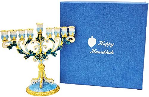 The Dreidel Company Hand-Painted Enamel Metal Menorah with Blue, White, Gold and Green Jeweled Accents, 6" Inches - Image 6