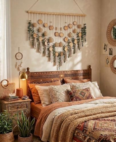 Macrame Leaf Wall Hanging Fake Eucalyptus Decor with 2-Piece Wood and Ball Wall Decor Large for Bathroom Bedroom Kitchen, Artificial Wall Hanging Plants，Boho Wall Art - Image 3