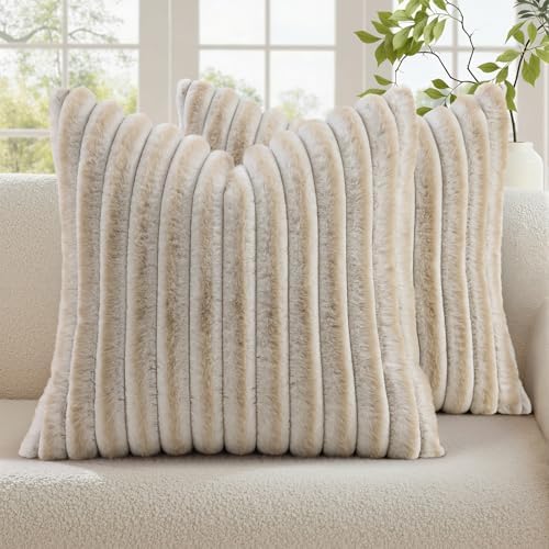 decorUhome Fall Faux Fur Throw Pillow Covers 24x24 Set of 2 Beige White by decorUhome