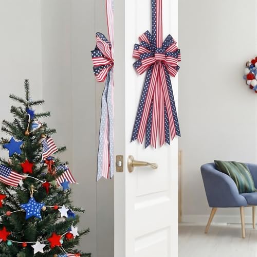 Sosation 4th of July Double-Sided Bow Door Decoration American Flag Patriotic Double-Sided Bows with Red White Blue Hanging Decor for 250th USA 4th of July Independence Day Memorial Day Decoration - Image 5