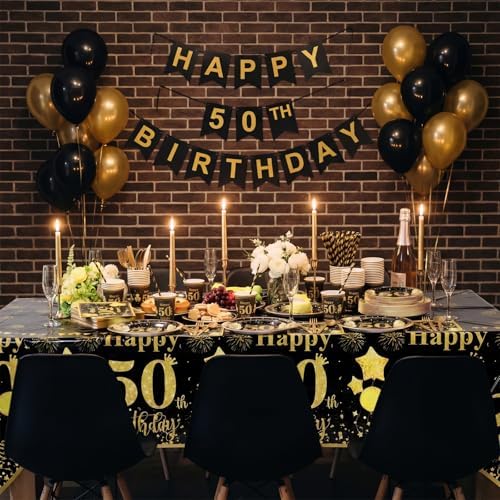 Ceenna 452 Pcs 50th Birthday Party Decoration Men for 50 Guests, Happy Black Gold 50th Birthday Paper Plates Napkins Cups Tablecloth Cutlery Straw Cheers to 50 Tableware Party Supplies for Women Men - Image 5