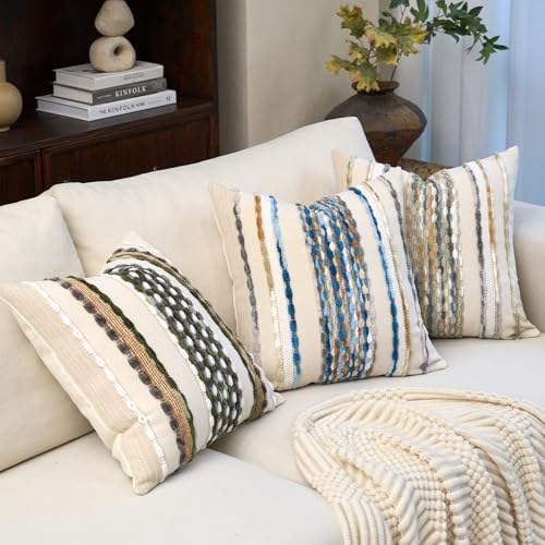 Aeckself Boho Pillow Covers 18x18 Inch Set of 2, Farmhouse Decorative Striped Square Chenille Tufted Accent Neutral Throw Pillow Covers for Living Room Couch Bed, Green - Image 5