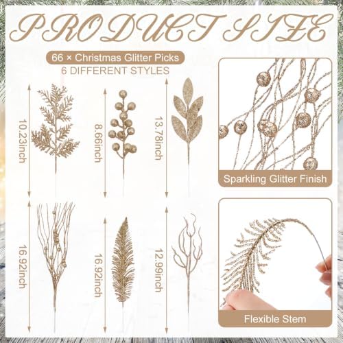66 Pcs Champagne Christmas Glitter Picks and Sprays - Image 3