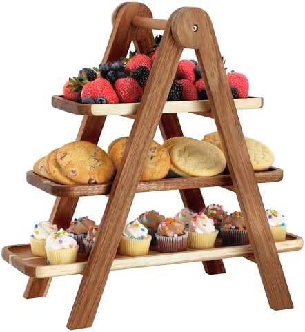 Elama Acacia Wood 3 Tiered Rectangular Ladder Tray Serving Set, Cupcake Tray, Serveware Set, Decorative by Elama