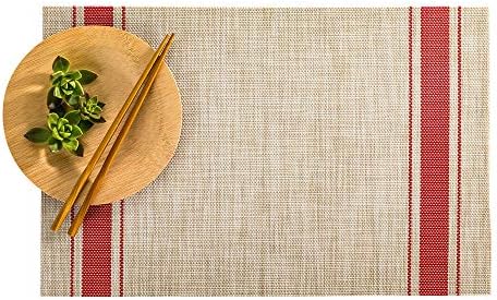 Restaurantware French Countryside 16 x 12 Inch Dining Table Placemats Set Of 6 Heat-Tolerant Kitchen Table Mats - Red Stripe No Stain Khaki Vinyl Woven Rectangle Placemats Easy To Clean by Restaurantware